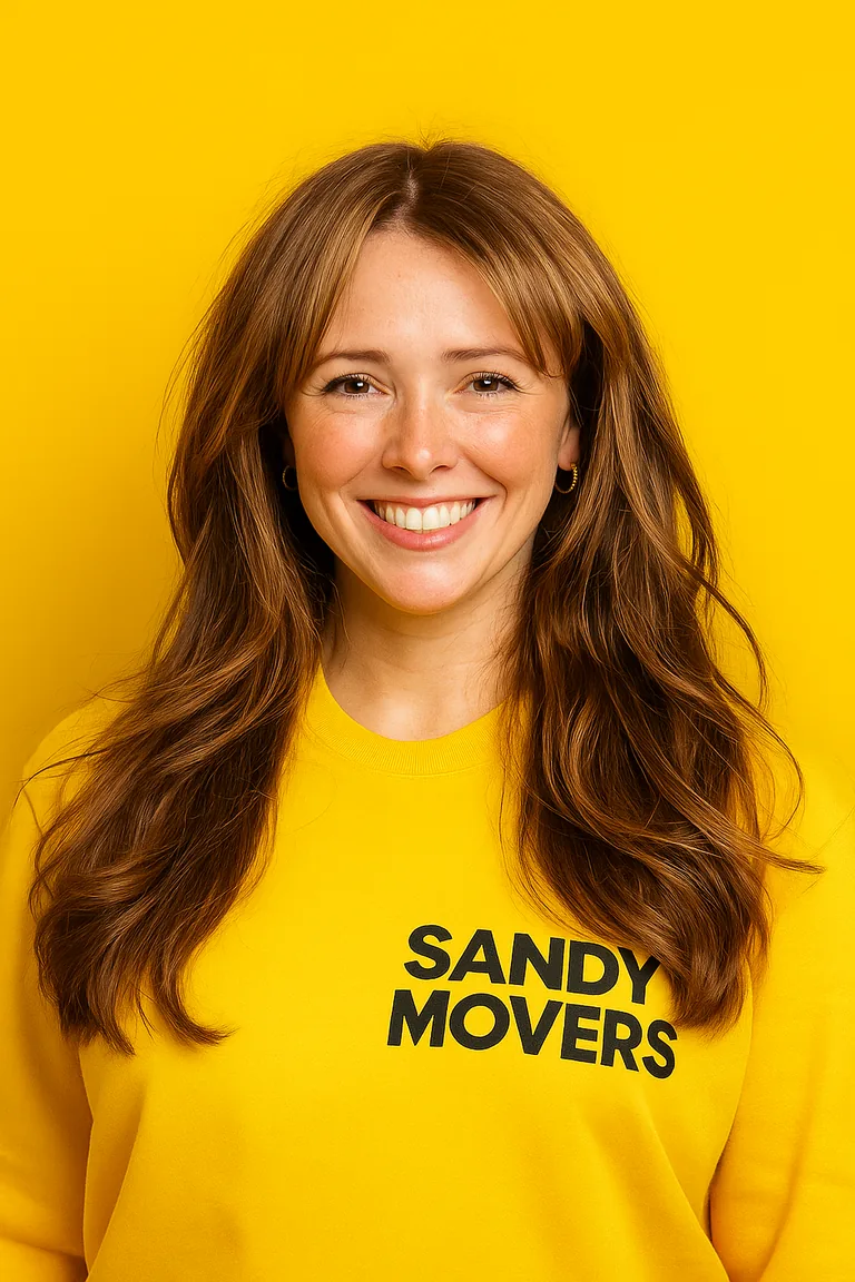 Woman wearing a yellow Sandy Movers sweatshirt against a yellow background.