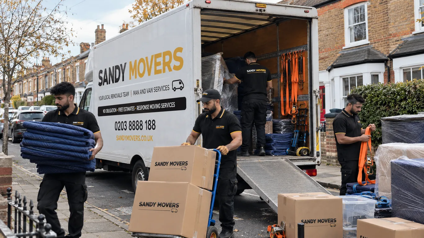 Movers carrying blankets and boxed belongings beside a Sandy Movers van on a residential street.